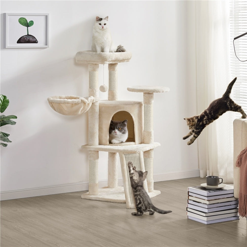 Costoffs Árbol para gatos de 107 cm con plataforma de observación, cueva para gatos, 5 postes de sisal, cueva de descanso, rascador y bola de felpa colgante, mueble para gatos