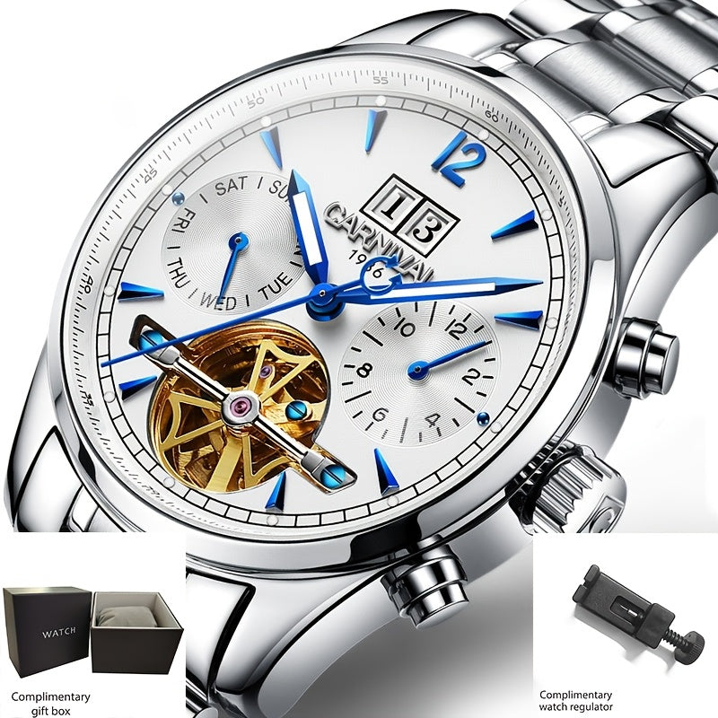 [I&W Carnival] Reloj Mecánico Automático de Lujo para Hombre - Acero Inoxidable, Resistente al Agua (30M), Multifuncional con Indicador de Fecha, Esfera Azul y Fondo Transparente, Regalo Perfecto para Él, Reloj de Lujo para Hombre | Reloj con Marca | Relo
