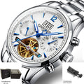 [I&W Carnival] Reloj Mecánico Automático de Lujo para Hombre - Acero Inoxidable, Resistente al Agua (30M), Multifuncional con Indicador de Fecha, Esfera Azul y Fondo Transparente, Regalo Perfecto para Él, Reloj de Lujo para Hombre | Reloj con Marca | Relo