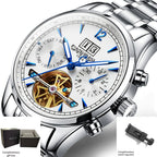 [I&W Carnival] Reloj Mecánico Automático de Lujo para Hombre - Acero Inoxidable, Resistente al Agua (30M), Multifuncional con Indicador de Fecha, Esfera Azul y Fondo Transparente, Regalo Perfecto para Él, Reloj de Lujo para Hombre | Reloj con Marca | Relo