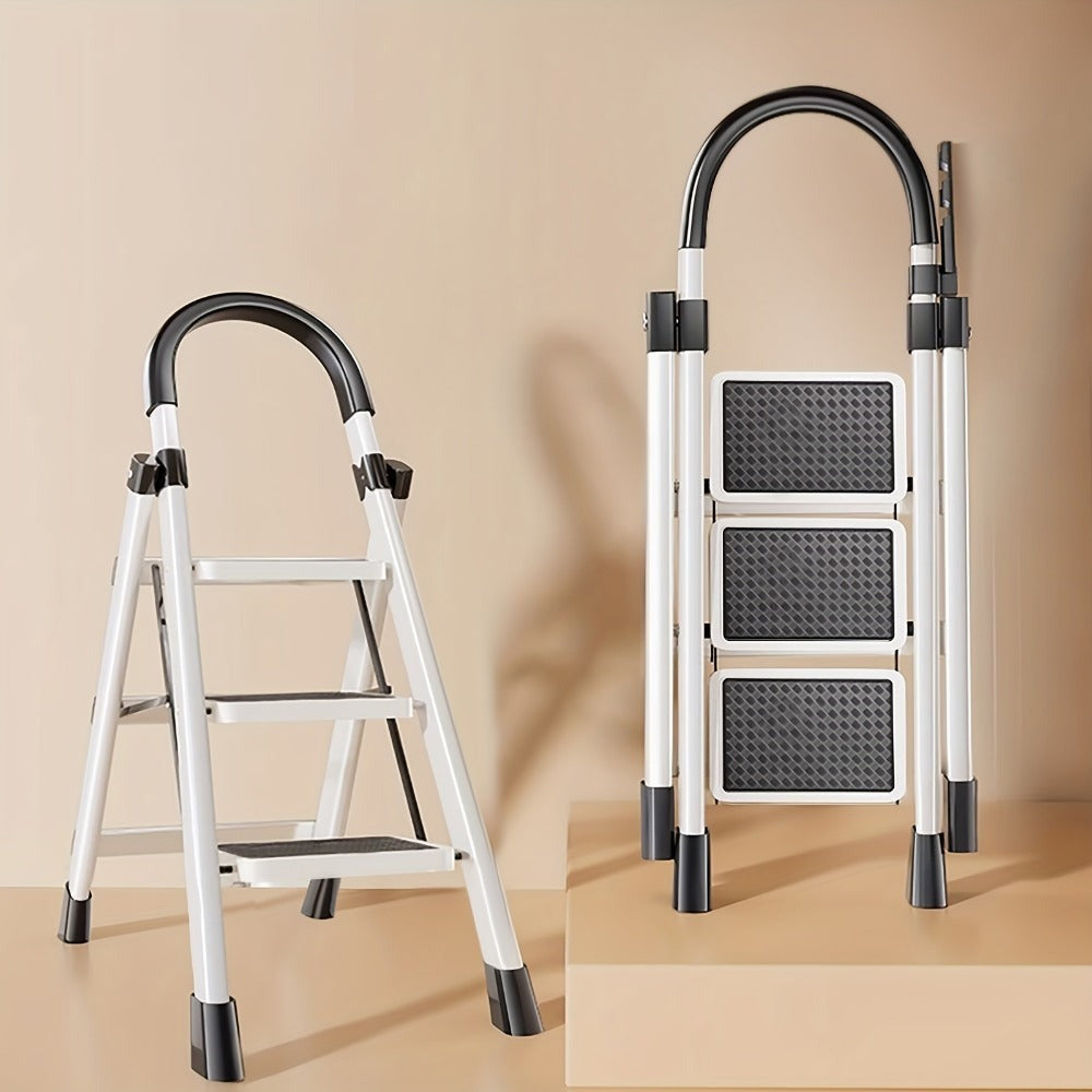 Escalera plegable de acero inoxidable, escalera portátil multifuncional, equipada con pedales anchos antideslizantes, ligera, duradera y compacta, fácil de transportar. Adecuada para el hogar, la oficina, el dormitorio, la cocina y el jardín, etc. Escenar