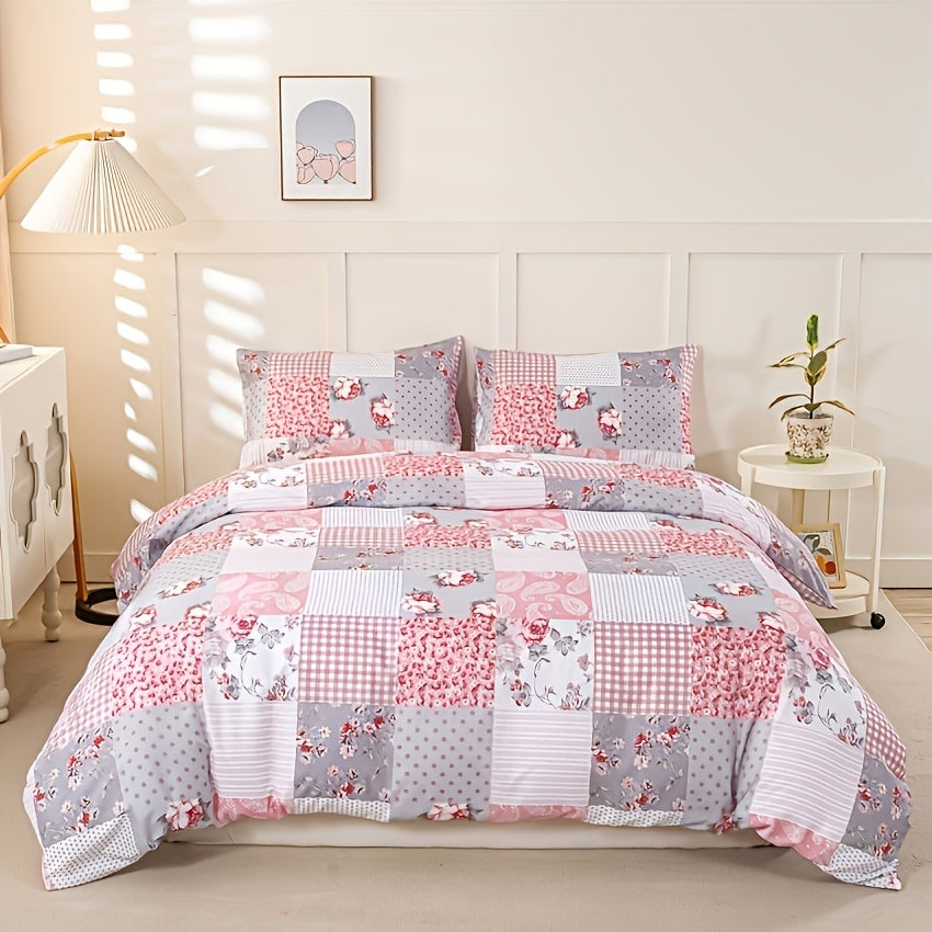 Juego de funda nórdica con estampado floral rosa claro tipo patchwork, 3 piezas