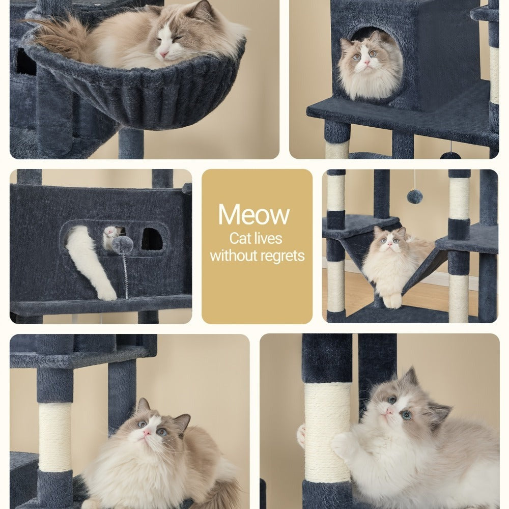 Árbol para gatos extra alto de 210 cm con 8 postes rascadores y 2 cuevas - Muebles para gatos de múltiples niveles de alta resistencia, tapete lavable, hamaca y pelotas de felpa - Torre para gatos grande con base resistente