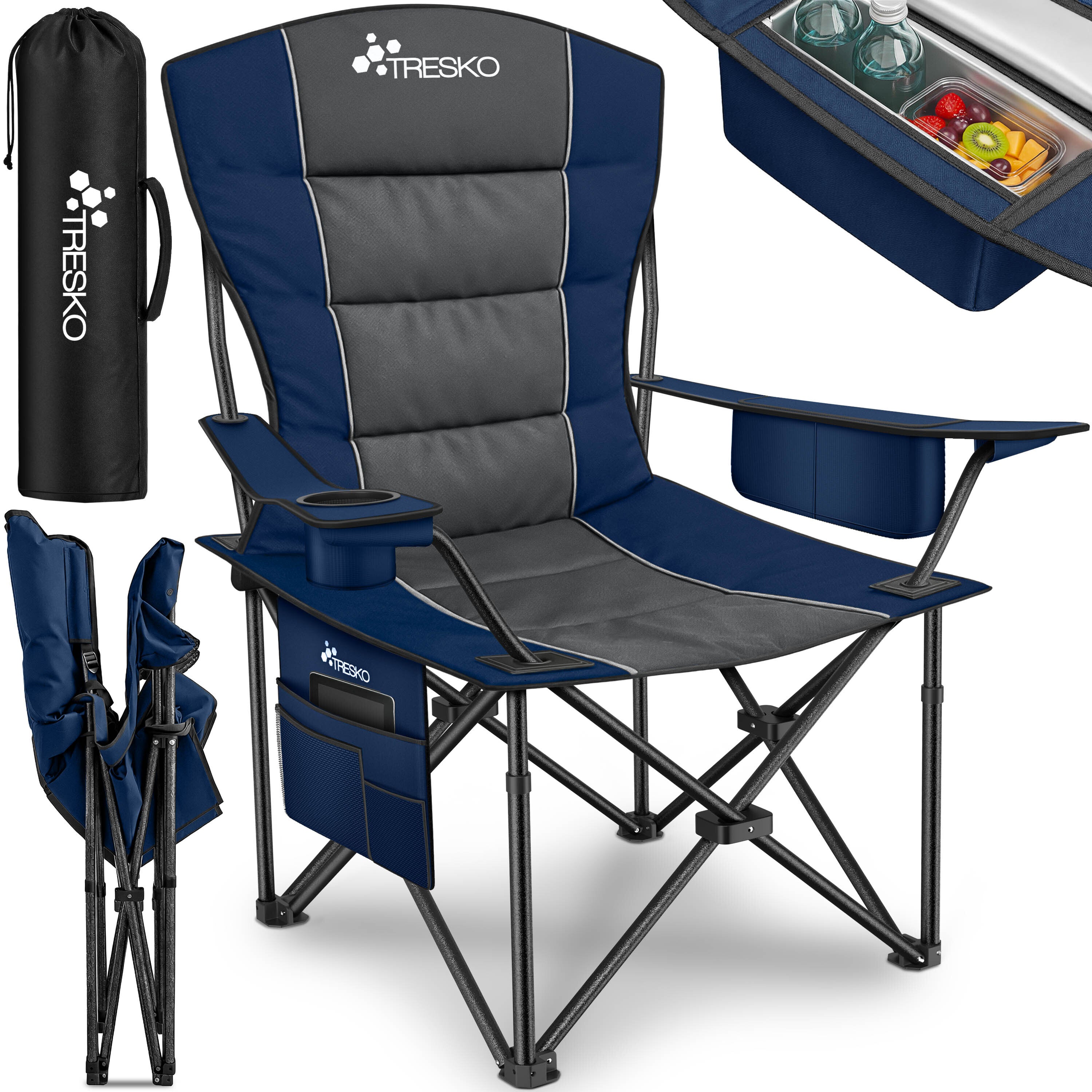 TRESKO® Silla de Camping Plegable hasta 200Kg | Silla Plegable con Bolsa Nevera, Portavasos y Bolsillo Lateral | Silla XXL Plegable Incluye Bolsa de Transporte | Silla de Pesca Acolchada para Exterior, Pesca, Festival y Jardín