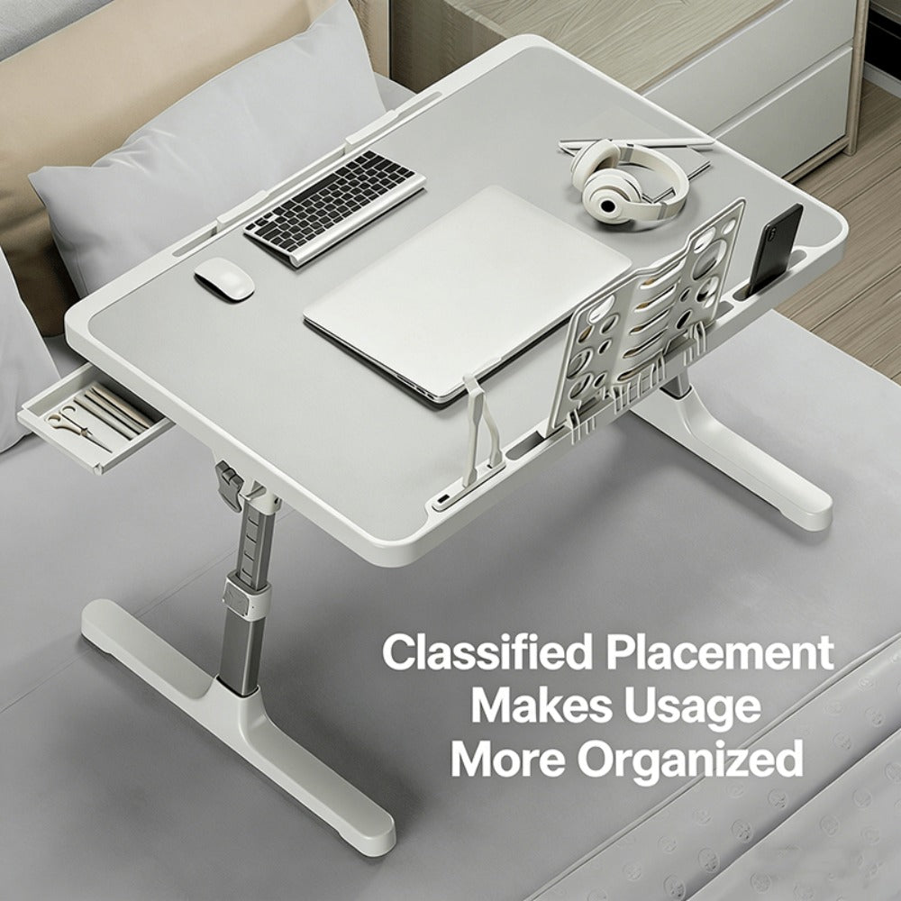 Mesa plegable para portátil de 1 pieza, bandeja de mesa para cama para portátil, mesa portátil para cama y portátil, mesa pentagonal ajustable para portátil con ranuras, barras antideslizantes y cajones para cama, sofá, desayuno, trabajo, estudio, lectura
