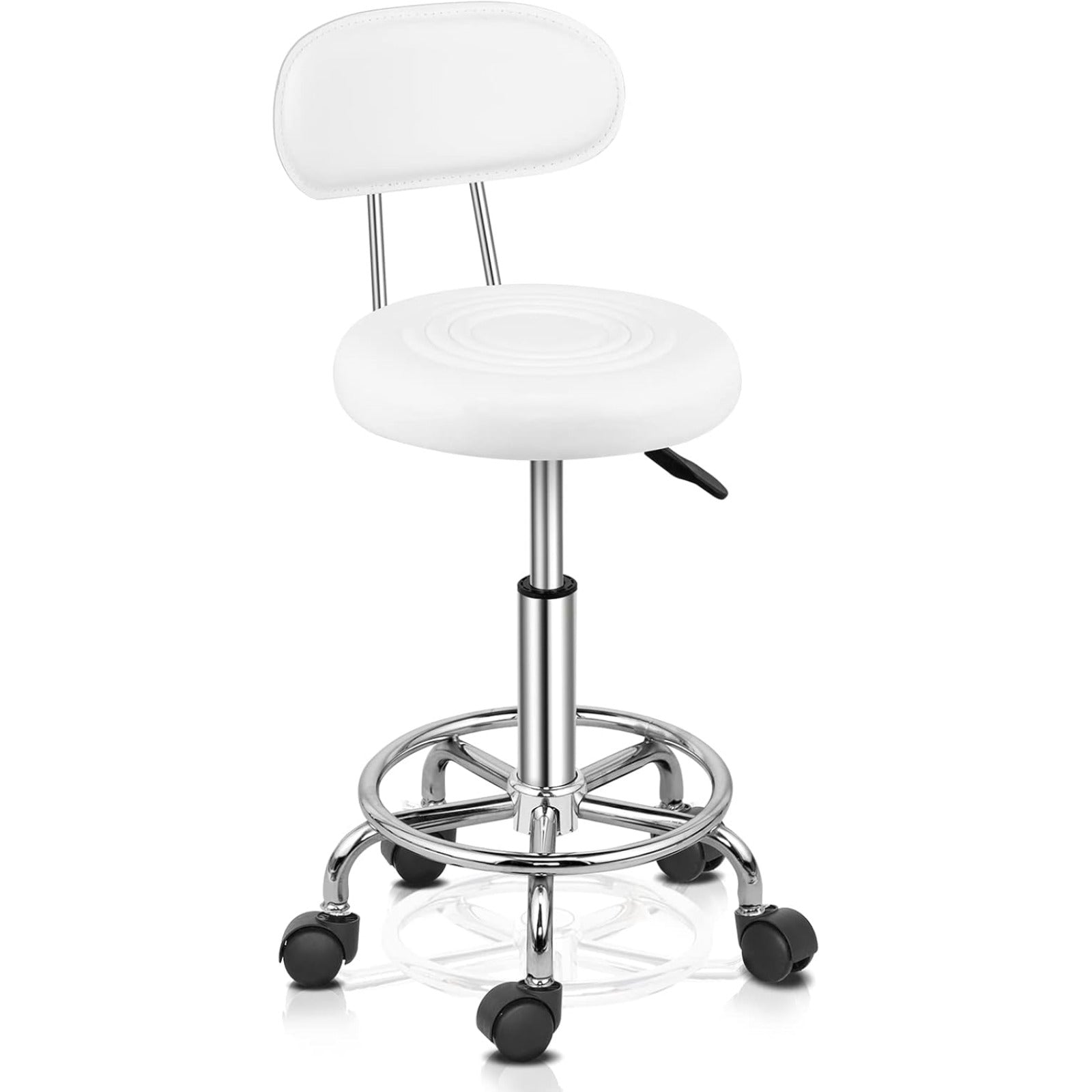 Taburete de oficina Bonnlo | Rodante, giro de 360°, altura ajustable, material de PVC, forma redonda, respaldo negro para estudio de uñas, salón de belleza, spas y oficinas