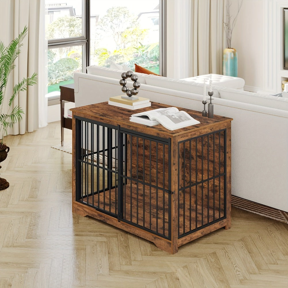 Jaula para Perros de Mueble, 110 cm, 2 Puertas, Jaula Moderna para Interiores, Adecuada para Perros Pequeños/Medianos/Grandes de hasta 100 kg, Mesa Lateral, Puertas Corredizas Reforzadas, 65 × 110 × 81 cm, Marrón Vintage