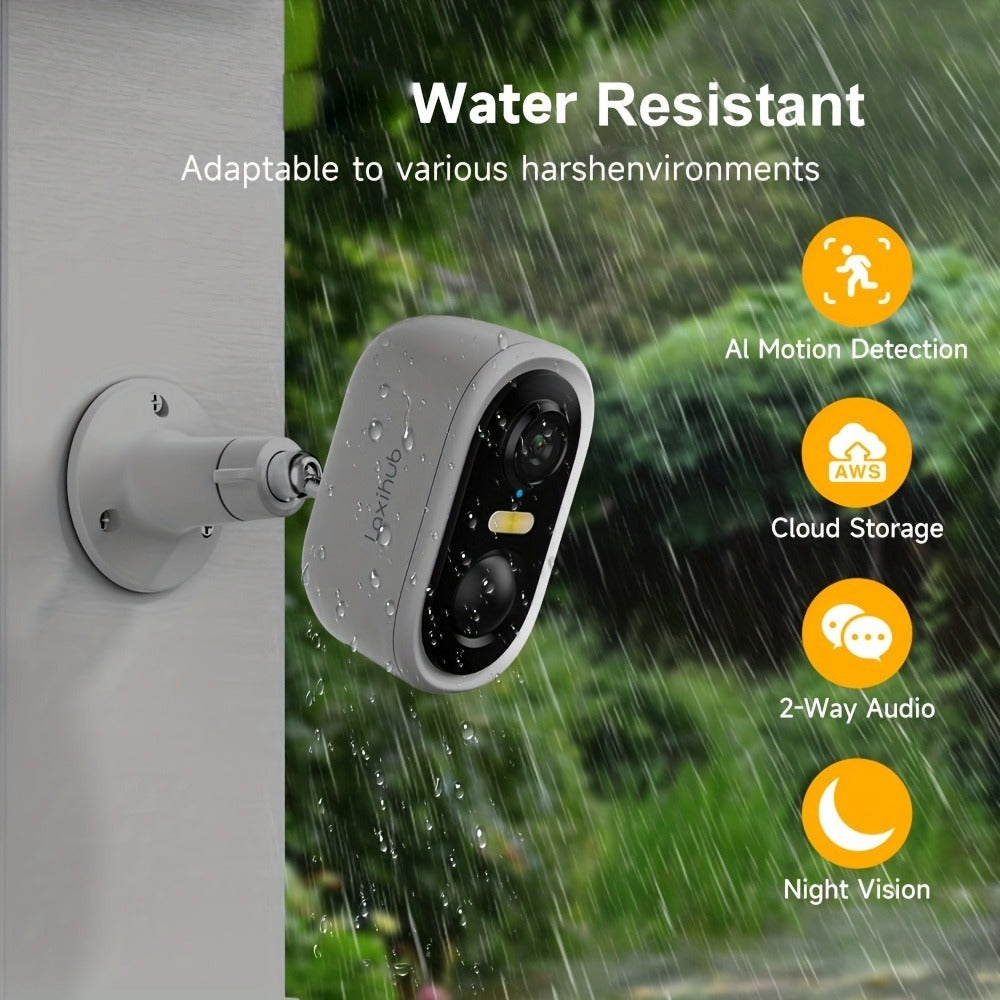 4pcs Cámara de Seguridad LaxiHub Inalámbrica para Exteriores, Resolución 1296P, Batería de 5200mAh, Almacenamiento en Nube/SD, Detección AI de Movimiento, Visión Nocturna a Color, Audio Bidireccional, Sin Tarjeta SD