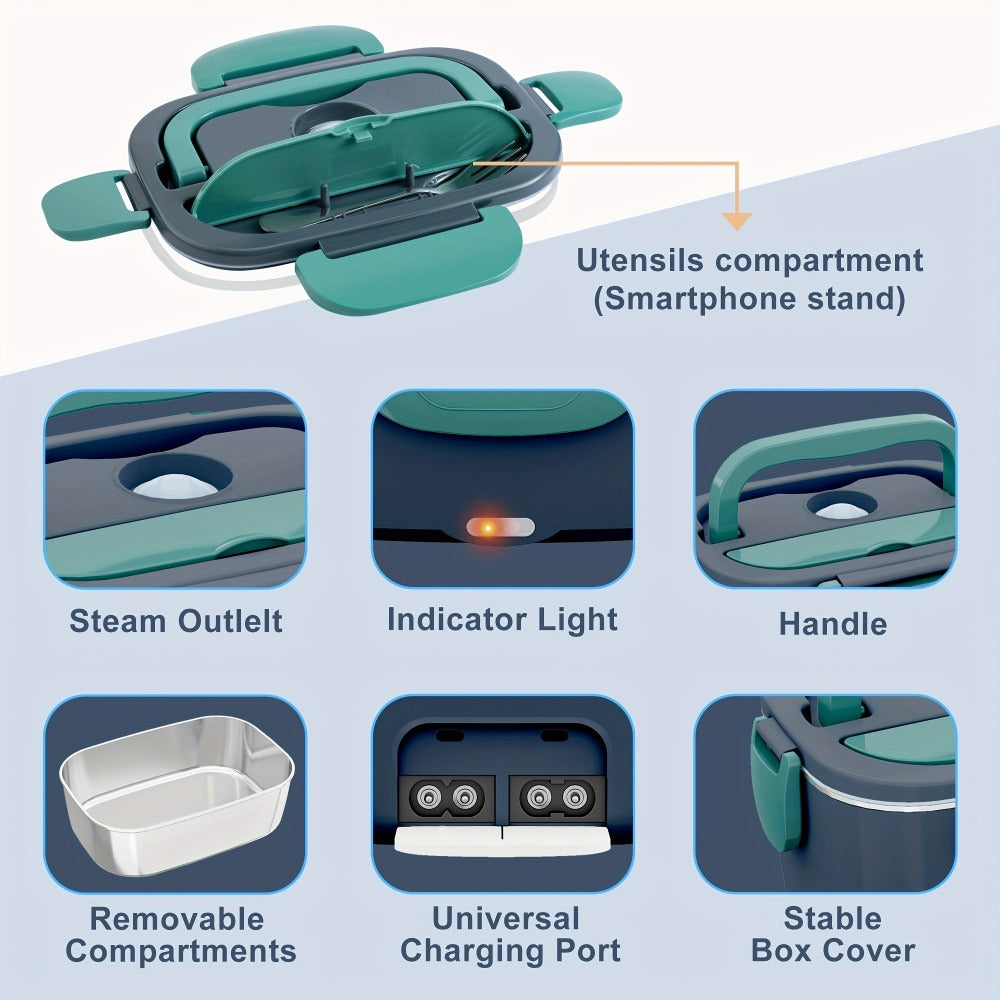 Esta lonchera cuenta con una potencia de 80W y una capacidad de 1.8 litros, lo que la hace ideal para comidas de adultos. Es una lonchera térmica portátil diseñada para calentar alimentos en cualquier lugar. Incluye una bolsa térmica y un juego de cubiert
