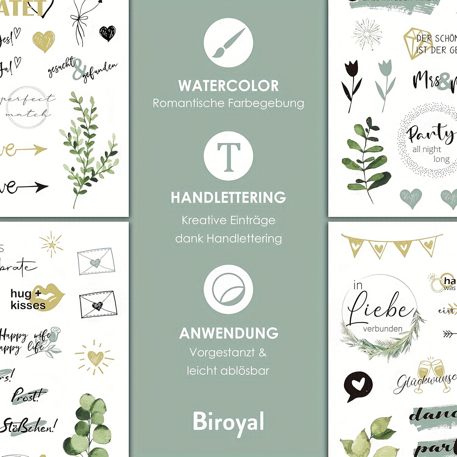 Pegatinas de boda para libro de visitas con más de 200 diseños - 8 páginas de pegatinas de boda, aptas para libros de visitas y álbumes, pegatinas de boda aptas para scrapbooking, decoración de diarios, pegatinas de corazones.
