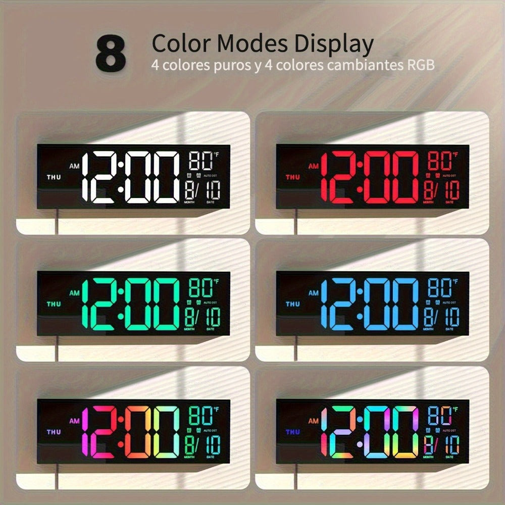 Reloj de pared digital grande de 41.91 cm con control remoto, LED grande/doble alarma/8 colores RGB/brillo automático/fecha/DST automático/temperatura/luz nocturna Relojes de gimnasio para decoración de pared de sala de estar, dormitorio y oficina