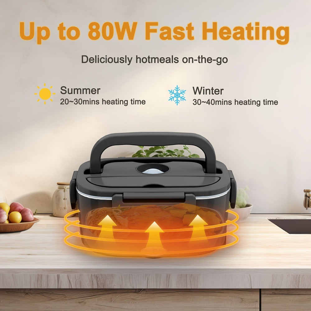 Fiambrera negra con una potencia de 80W, fabricada en acero inoxidable, ideal para empleados de oficina. Incluye un aislante y un juego de utensilios, tiene una capacidad de 1.5 litros y se puede utilizar en camiones y coches para calentar comidas.