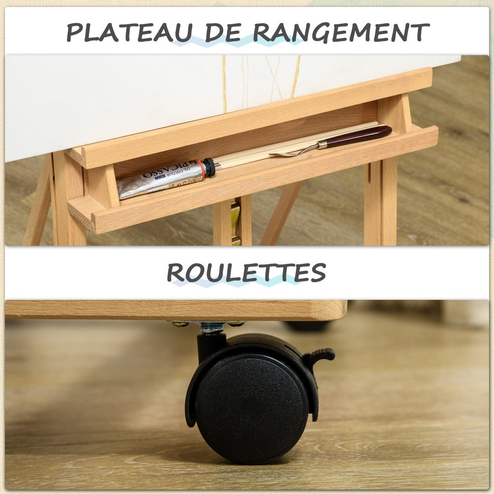 Caballete plegable para artista Vinsetto sobre ruedas, hecho de madera de haya, para lienzos de hasta 118 cm, altura ajustable, inclinación ajustable hasta 90° máximo, con soporte para pinceles de madera natural