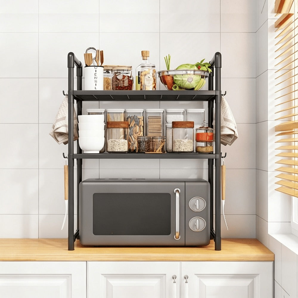 2/3 Niveles Soporte para microondas para encimera, Rejilla Para Horno Microondas Metal, Soporte Para Microondas Y Horno Cocina Con 4/8 Ganchos, Tiendas de condimentos, Adecuado para cocinas (Blanco / Negro)