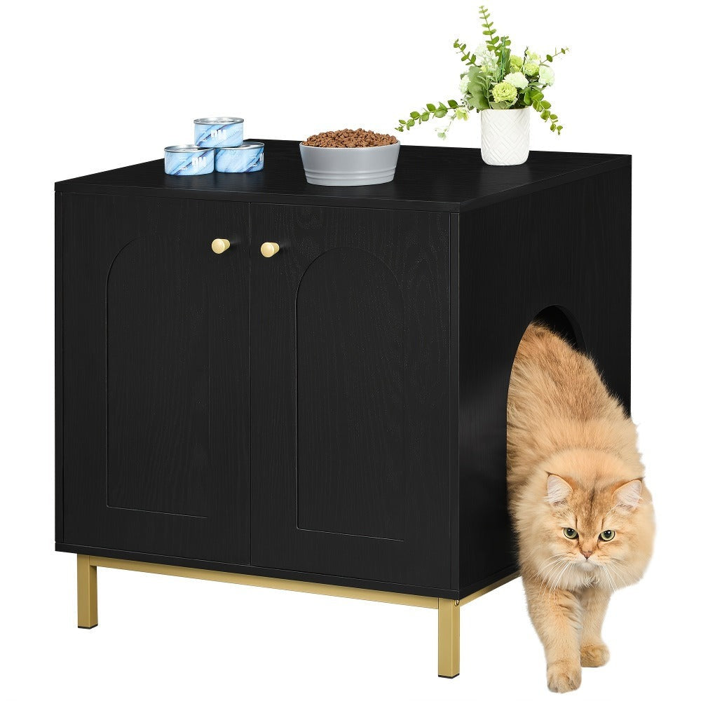 Gabinete para Gatos, Caja de Arena para Gatos, Casa para Gato con Puerta, Mesa Auxiliar de Madera para la Casa del Mascota, 50 X 60 X 61cm, Gabinete Estable para Gatos, Blanco y Dorado