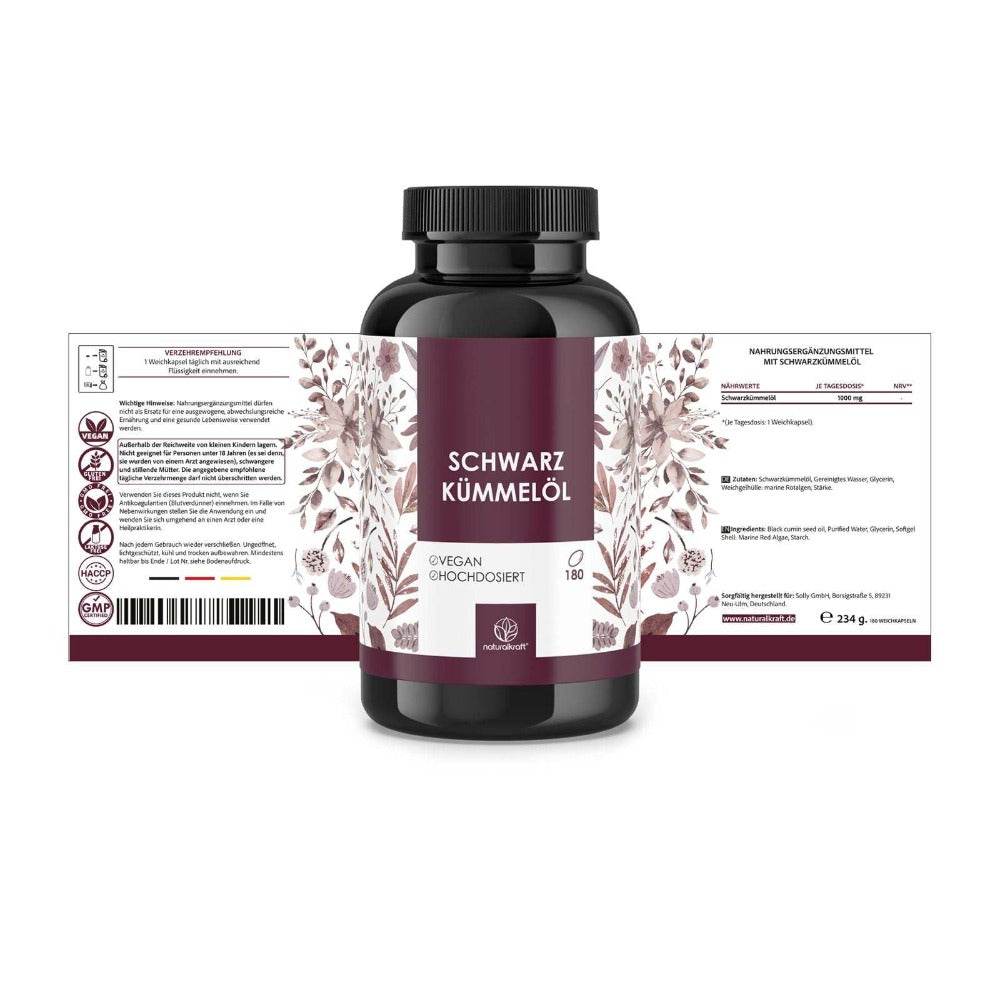 NATURALKRAFT® Cápsulas de Aceite de Comino Negro Premium - 180 Cápsulas Veganas para 6 Meses, 1000 Mg por Cápsula Dosis Diaria, Prensado en Frío, Natural, Probado en Laboratorio, Calidad de Marca Alemana