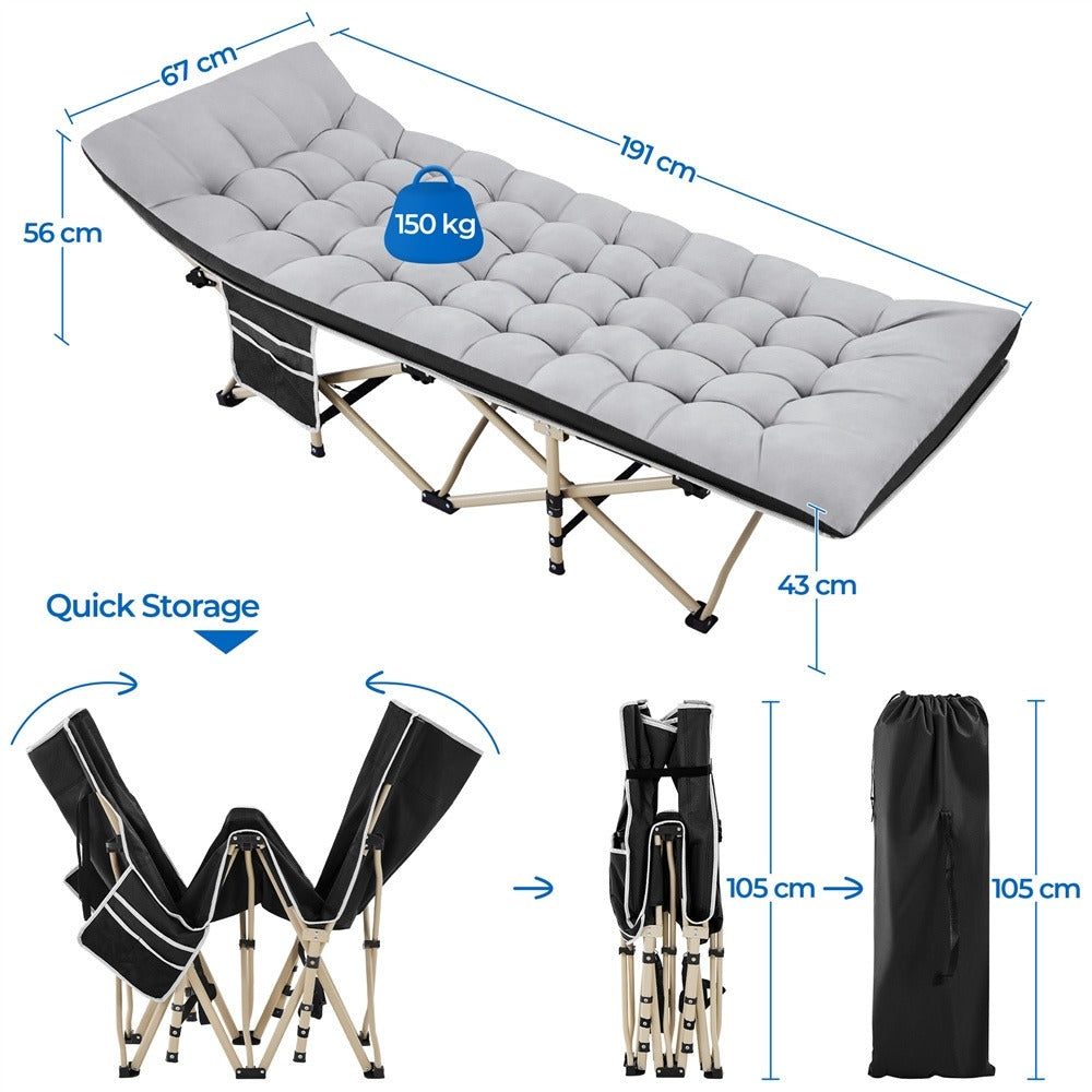 Cama de camping plegable con colchón, tumbona de jardín, cama de invitados con bolsillo lateral y bolsa de transporte para vacaciones en el jardín, oficina, interior y exterior.