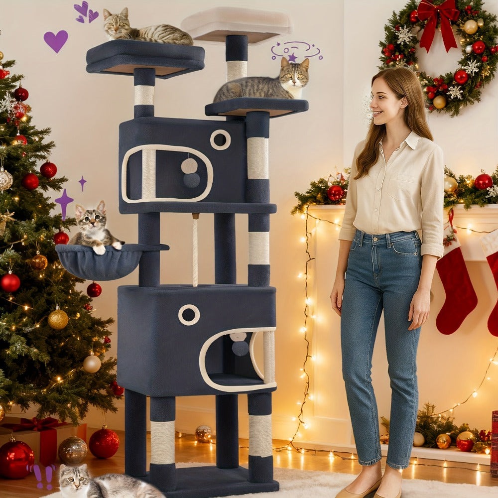 Árbol para Gatos, 180 cm con 8 Postes para Rascar, 3 Plataformas, 2 Cuevas, Cesta, Pelotas de Peluche, Cuerda de Sisal, Adecuado para Gatos de Varios Tamaños, Beige/Gris Claro/Gris Oscuro
