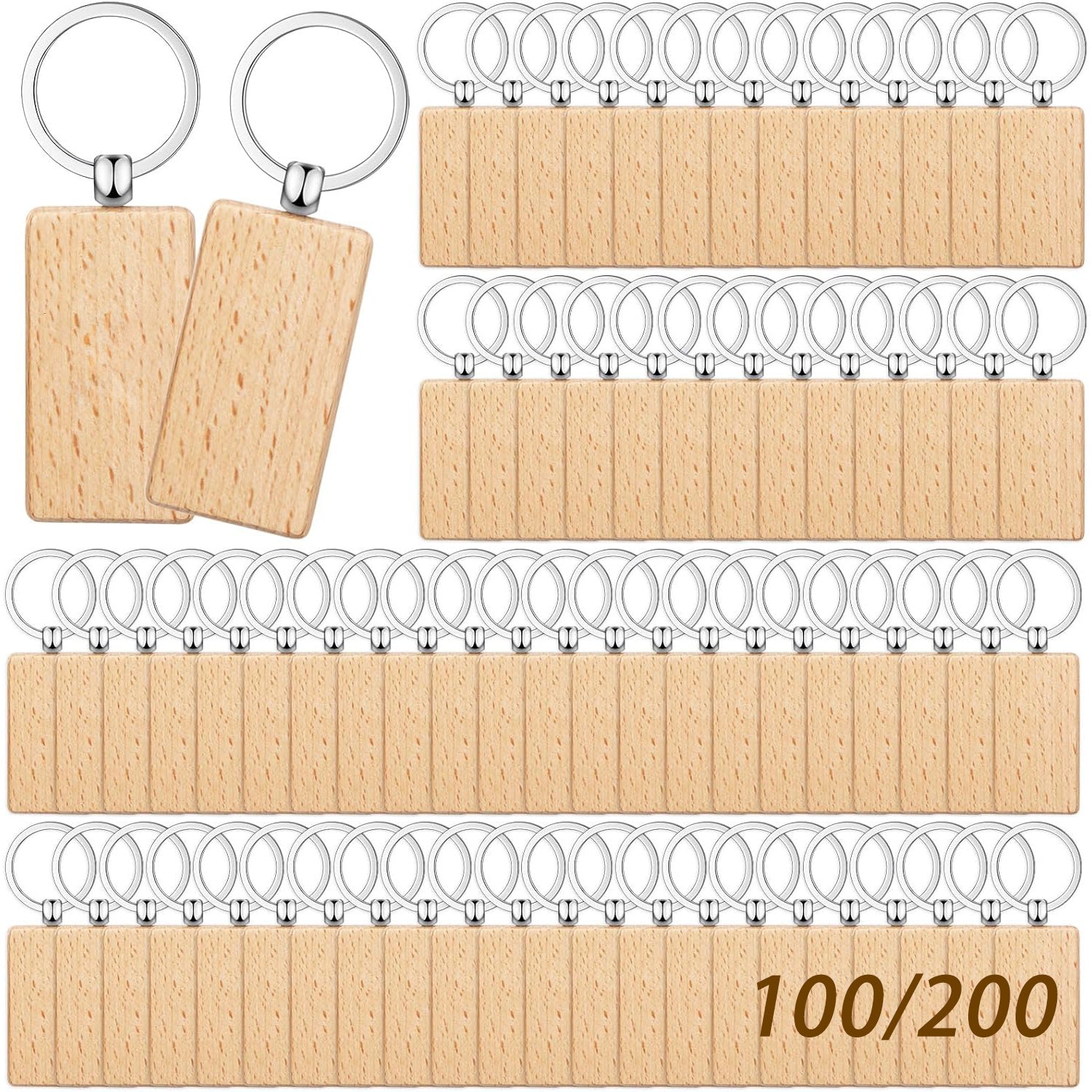 100/200 piezas de llaveros cuadrados de madera de haya sin grabar | Madera sin terminar de alta calidad, etiquetas rectangulares para grabado láser, llaveros de madera, adecuados para proyectos hechos a mano, manualidades de madera, regalos y decoraciones