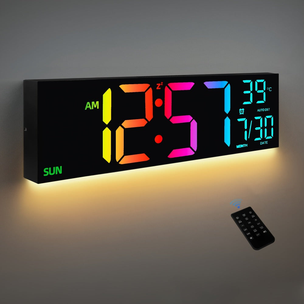 Reloj de pared digital grande de 41.91 cm con control remoto, LED grande/doble alarma/8 colores RGB/brillo automático/fecha/DST automático/temperatura/luz nocturna Relojes de gimnasio para decoración de pared de sala de estar, dormitorio y oficina