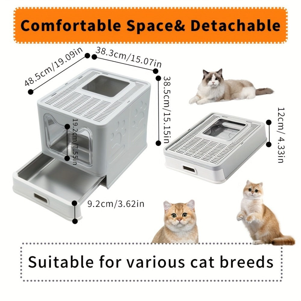 Arenero para gatos de acero inoxidable con entrada frontal y salida superior, diseñado para facilitar la limpieza, ideal para gatos y otras mascotas