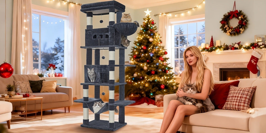 Árbol para Gatos de Interior, Torre Alta de 210 cm con Múltiples Niveles, Casa para Gatos, 8 Postes Rascadores, Hamaca y 4 Pompones