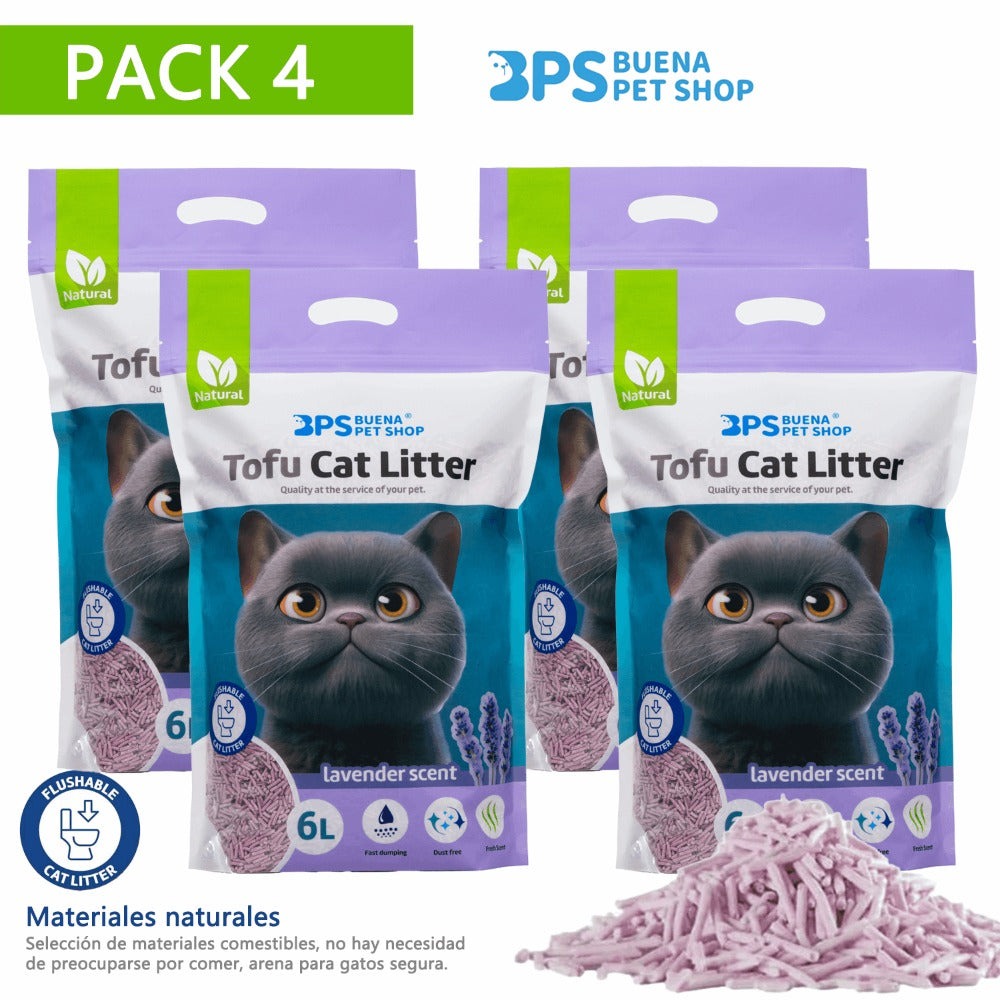 PACK 4 Arena para Gatos AGROMERANTE Arena de Tofu BPS para Gatos sin Polvo Fácil de Aglomerar Controla los Olores se Lanza en el Inodoro 4Pcs aglomera 6L
