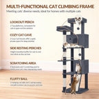 Fobyfurny Árbol para Gatos, Torre de 178cm para Gatos de Interior, Marco de Escalada para Gatos de Múltiples Niveles con Postes Rascadores, Tabla Rascadora, 2 Condominios Cómodos, 2 Perchas, Pompones, Lugar de Descanso