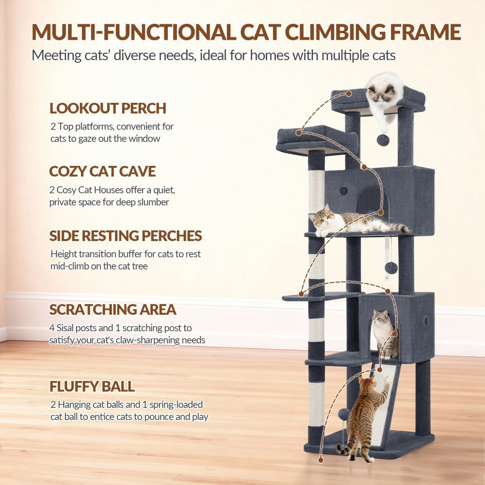 Fobyfurny Árbol para Gatos, Torre de 178cm para Gatos de Interior, Marco de Escalada para Gatos de Múltiples Niveles con Postes Rascadores, Tabla Rascadora, 2 Condominios Cómodos, 2 Perchas, Pompones, Lugar de Descanso