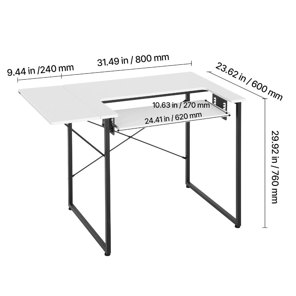 Mesa de Costura VEVOR, Mesa Multiusos para Máquina de Coser con Estante Lateral Plegable, Estante Ajustable, Patas de Acero, Escritorio para Computadora en Hogar, Estudio de Moda, Estudio de Arte, Institución Educativa, Blanco