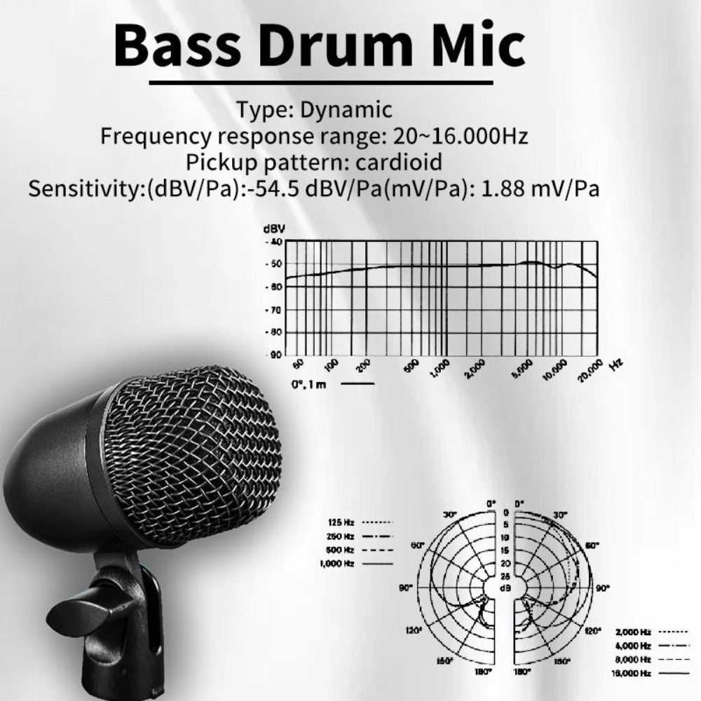 Juego de 7 micrófonos dinámicos de metal para batería - Adecuados para grabación profesional de batería con micrófonos para bombo, tom/snare y platillos, equipados con pinzas para micrófono