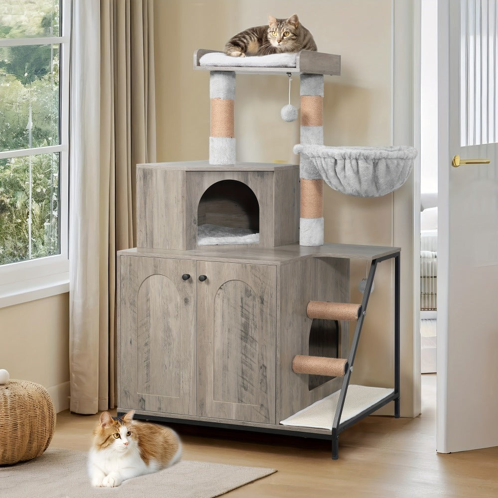 Árbol para Gatos con Gabinete para Caja de Arena, Gabinete para Gatos, Casa Moderna para Gatos 4 en 1 con Plataforma Grande, Casa para Gatos con Rascador de Sisal, Postes, Escaleras y Pompón, Cojines Lavables, Marfil Claro/Blanco