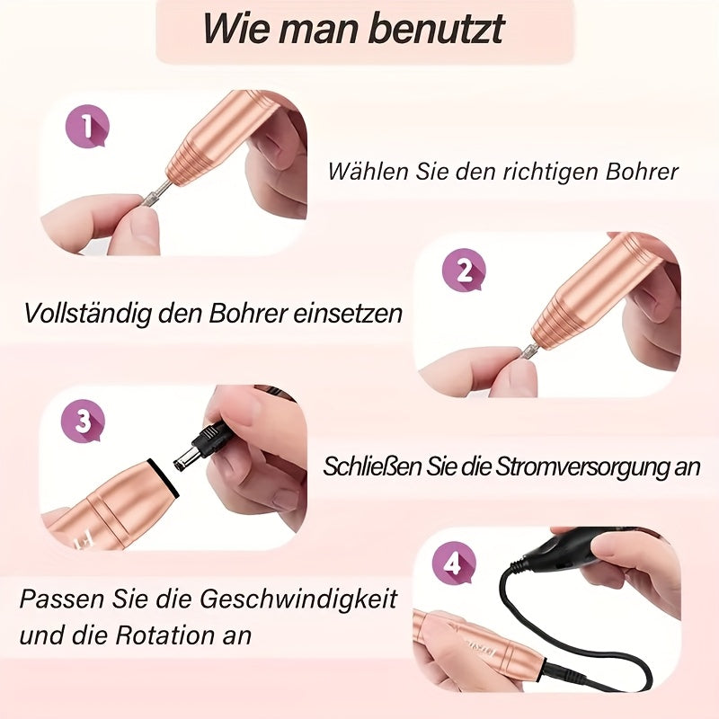 Juego de Taladro Eléctrico para Uñas con 20,000 RPM, Alimentado por USB, Incluye Anillos de Molienda y Cabezales de Repuesto, Ideal para Arte de Uñas de Salón y Entusiastas del Nail Art (Rosa/Dorado)