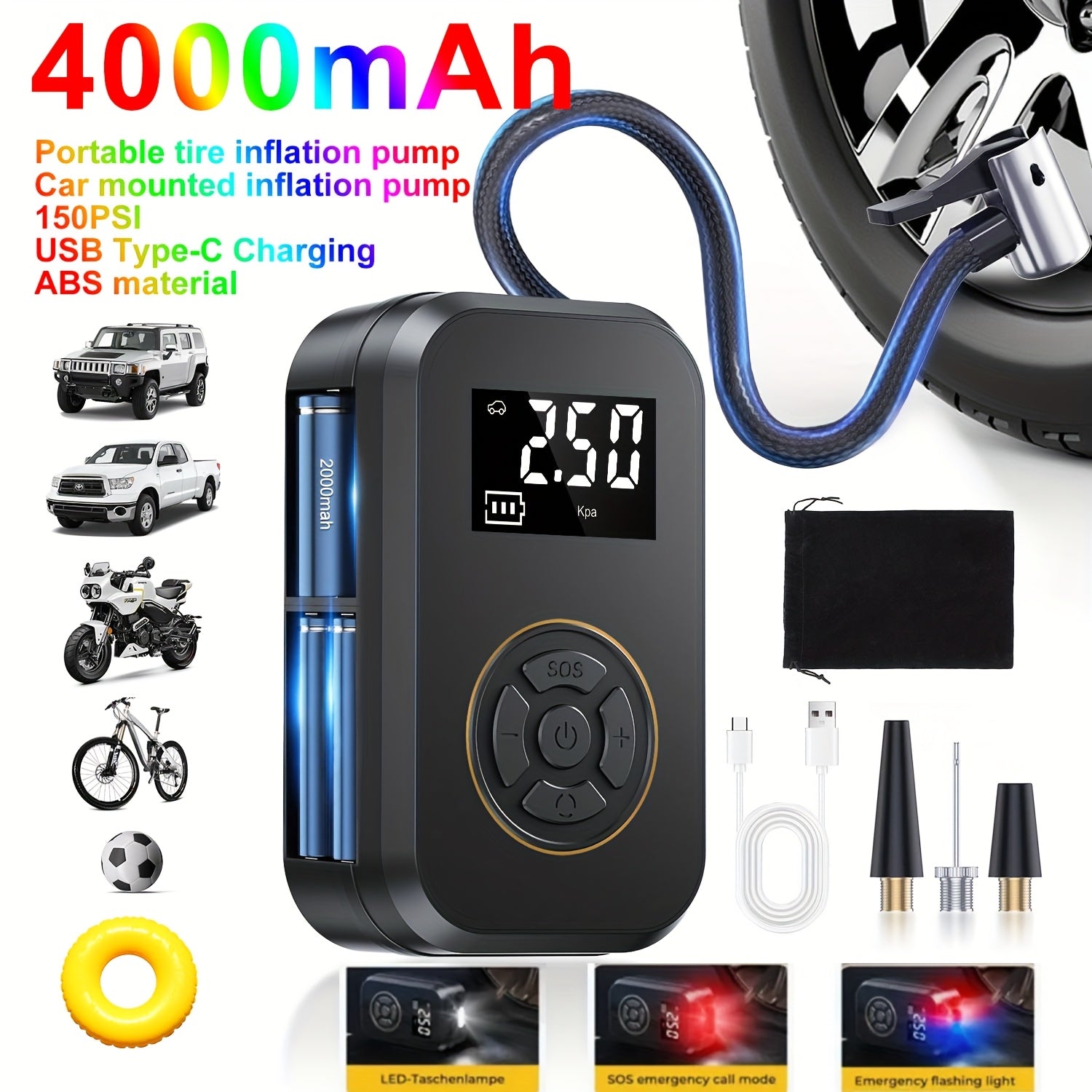 Inflador de neumáticos portátil inalámbrico de 120 vatios con pantalla digital para coche, compresor de aire para motocicleta, inflador de neumáticos inalámbrico portátil para coche con luz LED y adaptador de boquilla