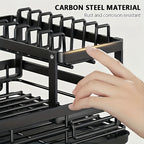 1pc Organizador de Platos de Metal - Organizador de Encimera de Cocina Ahorrador de Espacio con Escurridor, Soporte para Utensilios y Ganchos para Tazas, Estante Plegable de Dos Niveles para Platos, Tazones, Cubiertos - Ideal para Cocinas Domésticas y Com