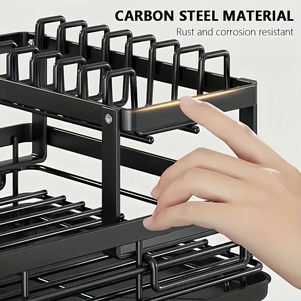 1pc Organizador de Platos de Metal - Organizador de Encimera de Cocina Ahorrador de Espacio con Escurridor, Soporte para Utensilios y Ganchos para Tazas, Estante Plegable de Dos Niveles para Platos, Tazones, Cubiertos - Ideal para Cocinas Domésticas y Com