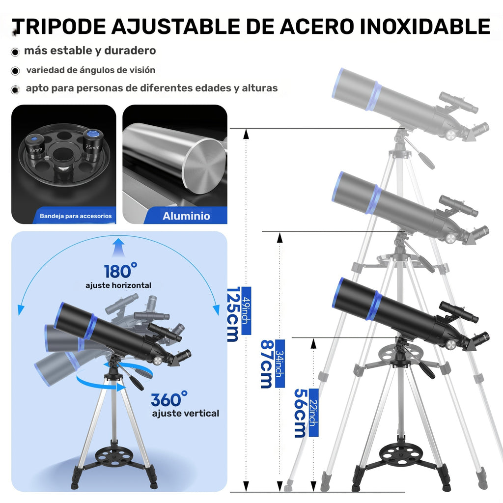 Telescopio refractor de 80 mm para observación de estrellas y luna | diseño funcional