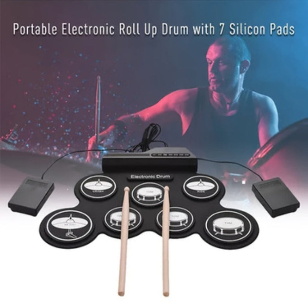 Batería electrónica, 7 pads enrollables, kit de batería midi portátil con altavoz incorporado/pedales/tomacables para auriculares, excelente regalo de vacaciones para principiantes