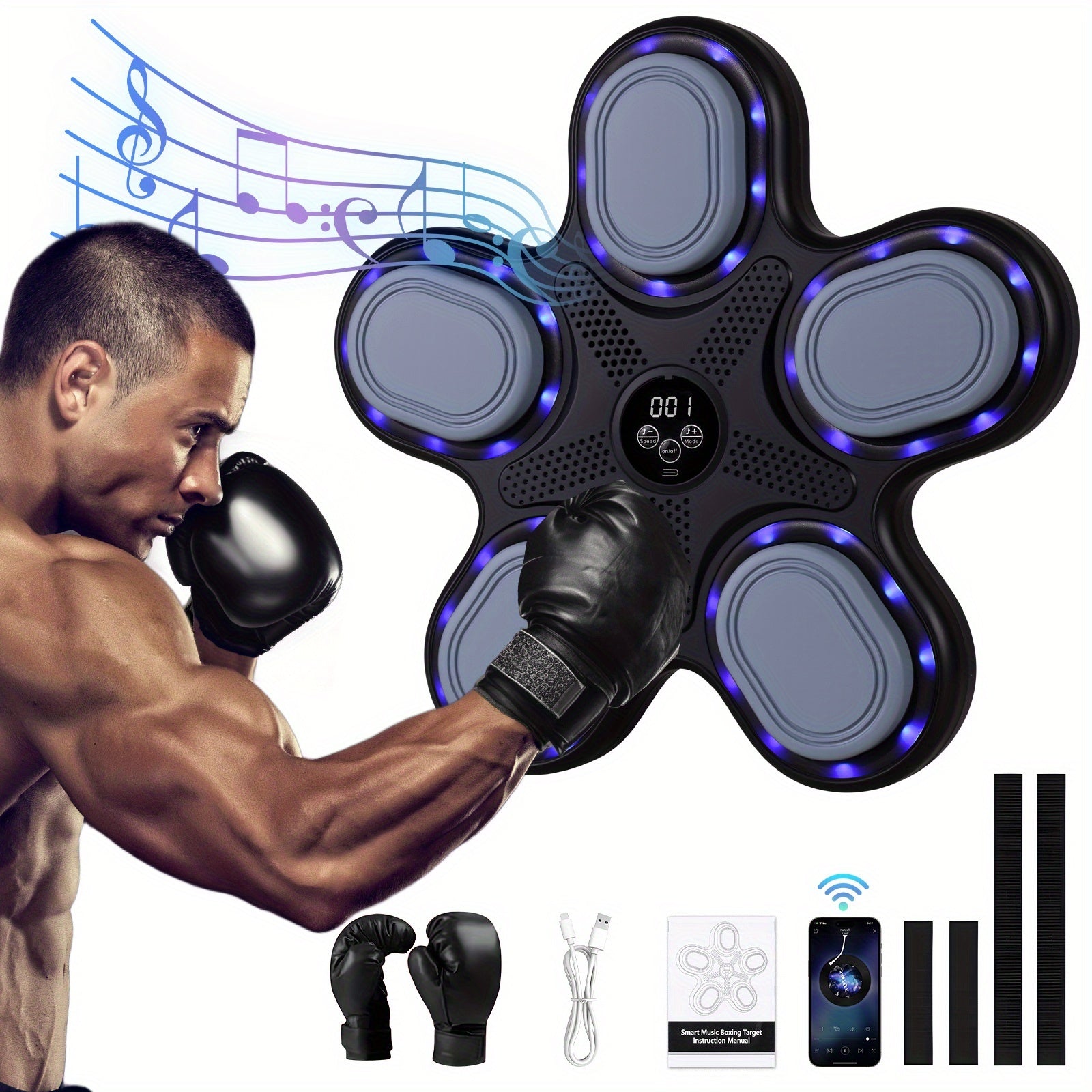 Máquina de Boxeo Musical Interactiva con Guantes, Carga USB, Material PE - Equipo de Entrenamiento en Casa y Reflejos para Adultos, Montaje en Pared, Negro
