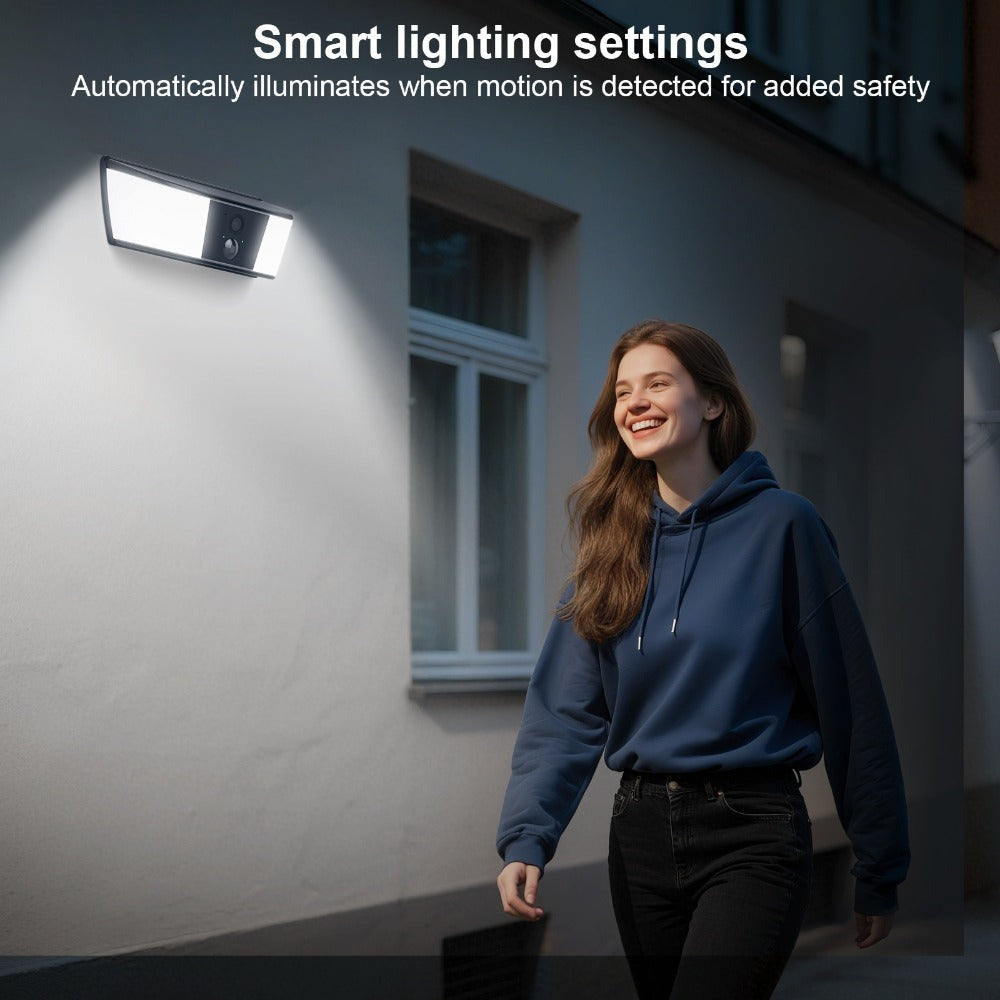 Cámara de Seguridad Solar ANRAN y Luz de Pared, Inalámbrica 2.4G para Exteriores, Protección del Hogar con Detección de Movimiento AI, Luz Activada por Movimiento, Comunicación Bidireccional, IP65, Alarma Inteligente con Sirena
