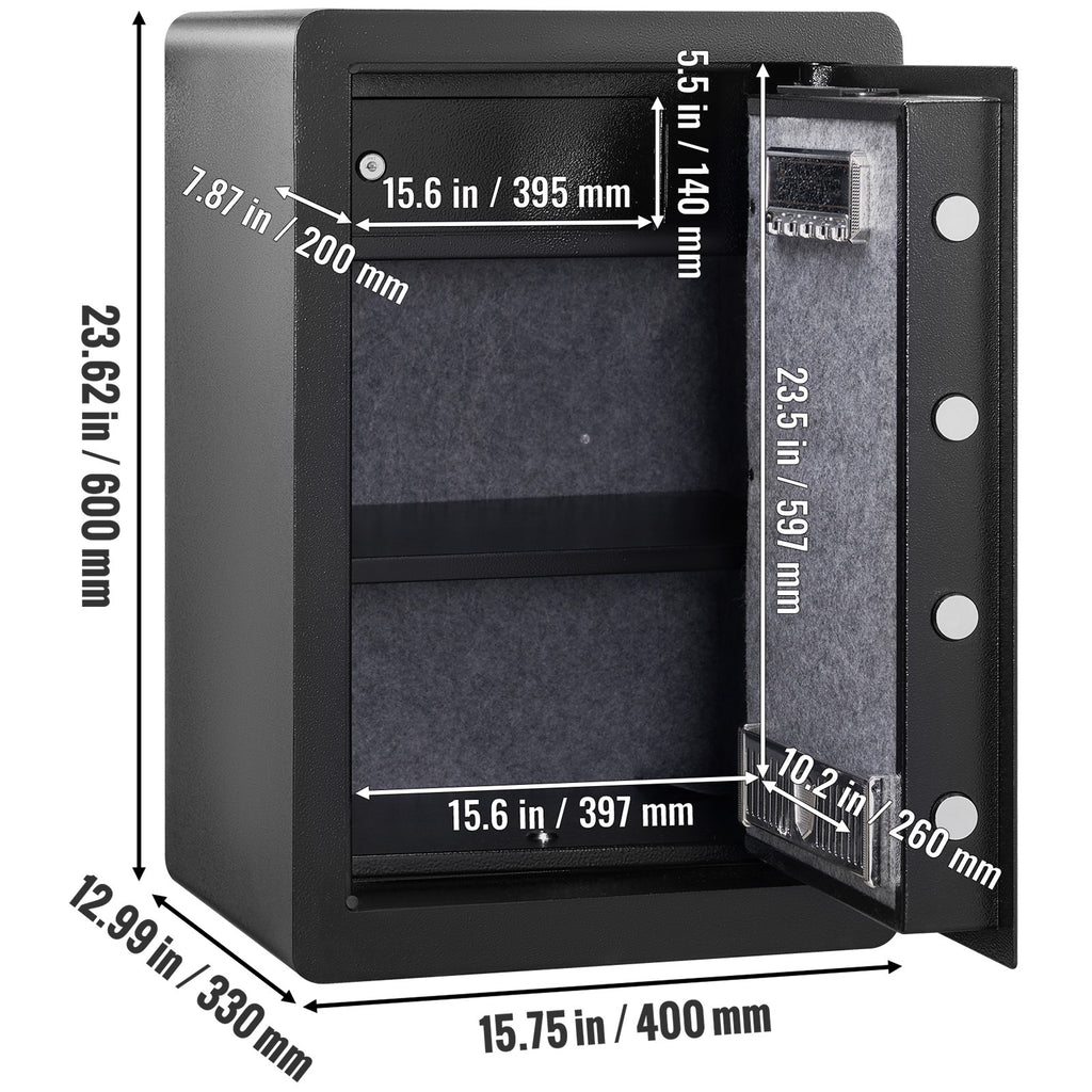VEVOR Seguro, 2.2 pies cúbicos Caja Fuerte para el Hogar, Caja de Seguridad de Acero con Huella Digital, Teclado Digital y 2 Llaves, Caja Fuerte con Bolsa Grande a Prueba de Fuego, Protege Efectivo, Oro, Joyas, Documentos, 15.8x13x23.6 pulgadas