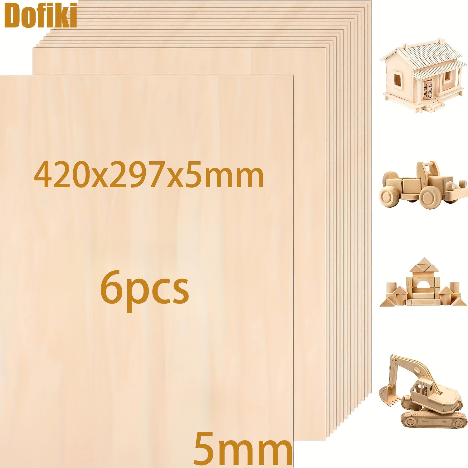 Dofiki 6/15 piezas de contrachapado de tilo 420x297x5mm, tabla de madera A3 hecha a mano, contrachapado de tilo de 5mm, adecuada para proyectos láser, pintura, modelos de bricolaje y manualidades