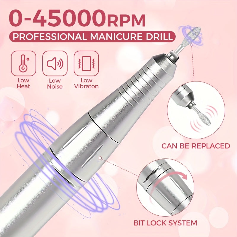 Set de Torno Eléctrico Profesional para Uñas, 45000 RPM, Herramienta Recargable USB Portátil para Uñas Artísticas, Adecuado para Uñas de Cristal, Uñas de Gel, Herramientas de Pulido para Manicura, Herramientas de Modelado para Manicura, Suministros para T
