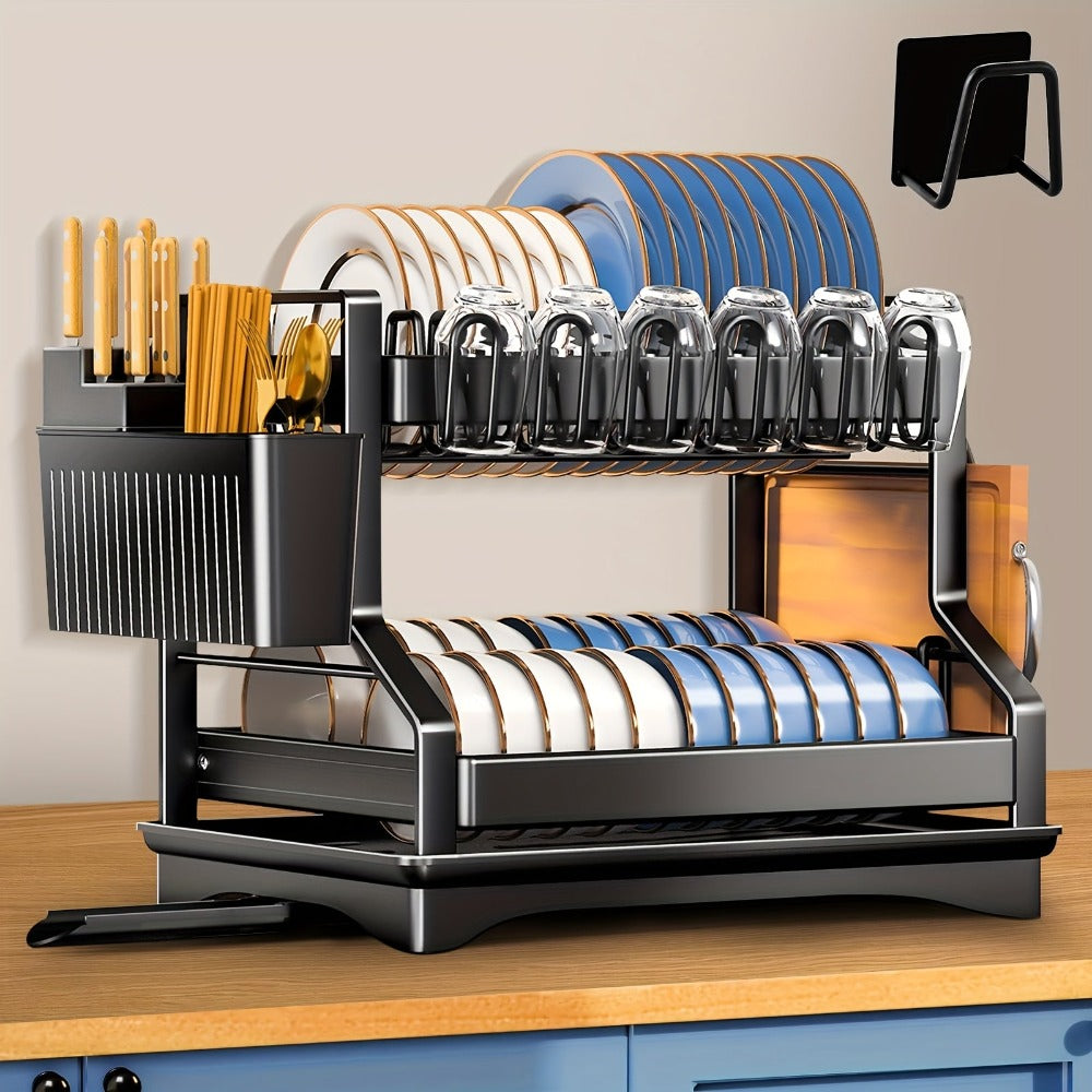 Escurridor de platos de 2 niveles de alta resistencia tipo acero con escurridor ajustable, escurridor giratorio, soportes para utensilios y tazas, organizador de encimera de cocina que ahorra espacio - Escurridor de platos compacto para platos, ollas, sar