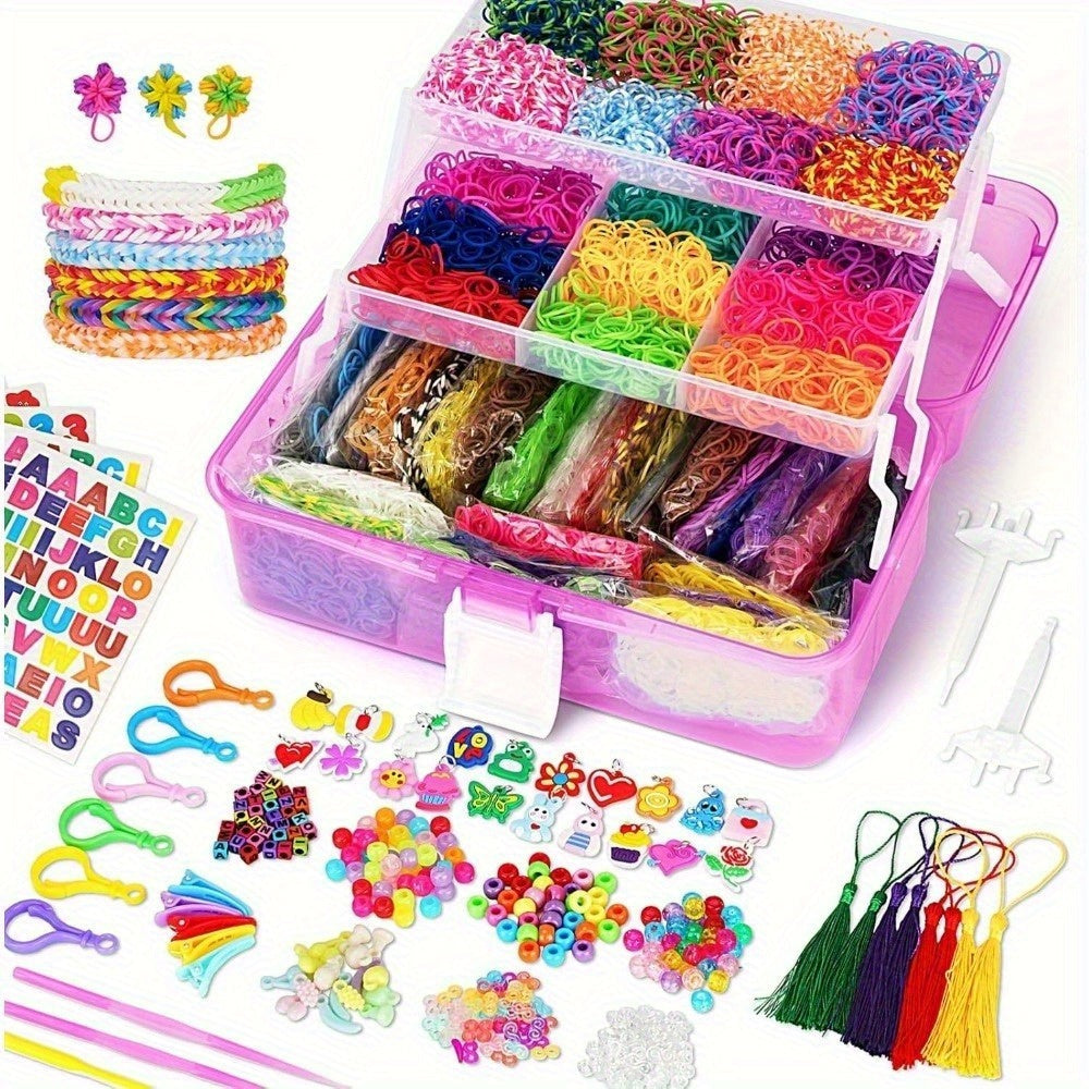 Un kit para hacer pulseras de gomas elásticas con 40 colores y más de 18,000 gomas elásticas, completo con un contenedor de tres capas. Es perfecto para manualidades, incluyendo pulseras y collares, y es un gran regalo para Navidad.