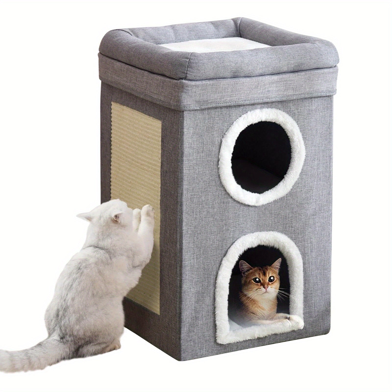 Rascador para gatos | Casa de Árbol para Gatos Moderna y Grande de 2 Pisos con Rascador, Cueva Oculta & Túnel, Mueble Doblable en Formato Caseta