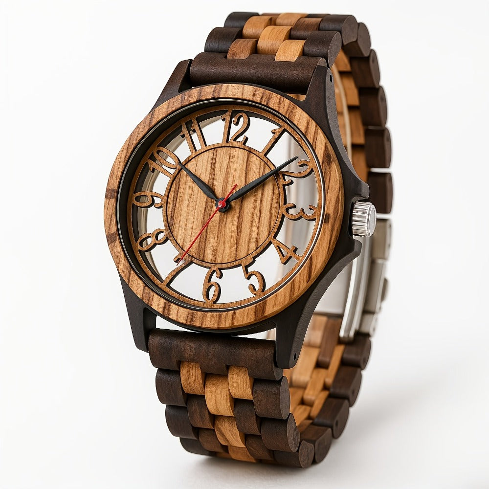 LeeEv Relojes de Madera Transparentes Huecos de Colores Mixtos para Hombres, Reloj de Madera Grabado a Mano, Reloj Analógico de Cuarzo, Reloj de Pulsera de Bambú para Hombres, Regalo para Hombres