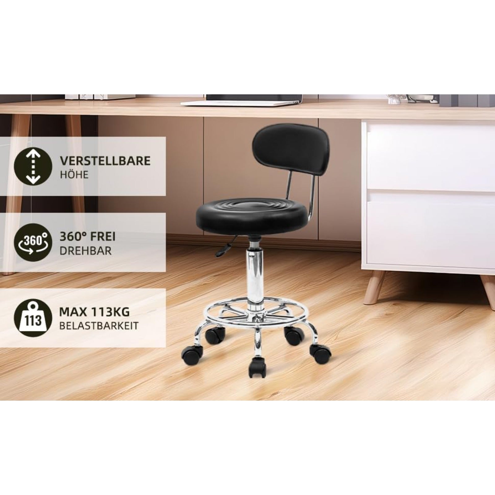 Taburete de oficina Bonnlo | Rodante, giro de 360°, altura ajustable, material de PVC, forma redonda, respaldo negro para estudio de uñas, salón de belleza, spas y oficinas