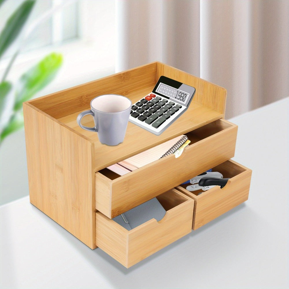 Organizador de escritorio, Organizador de escritorio de bambú con cajón, Caja de escritorio de bambú, Adecuado para guardar diversas cosas de necesidades diarias en habitaciones, oficinas, etc. (3 cajones)