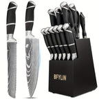 Juego de Cuchillos, 15 Piezas de Acero Inoxidable de Alto Carbono Premium, Juego de Cuchillos de Cocina Afilados con Bloque de Madera, Mango Ergonómico, Cuchillos para Carne, Cuchillo Santoku, Cuchillo de Chef